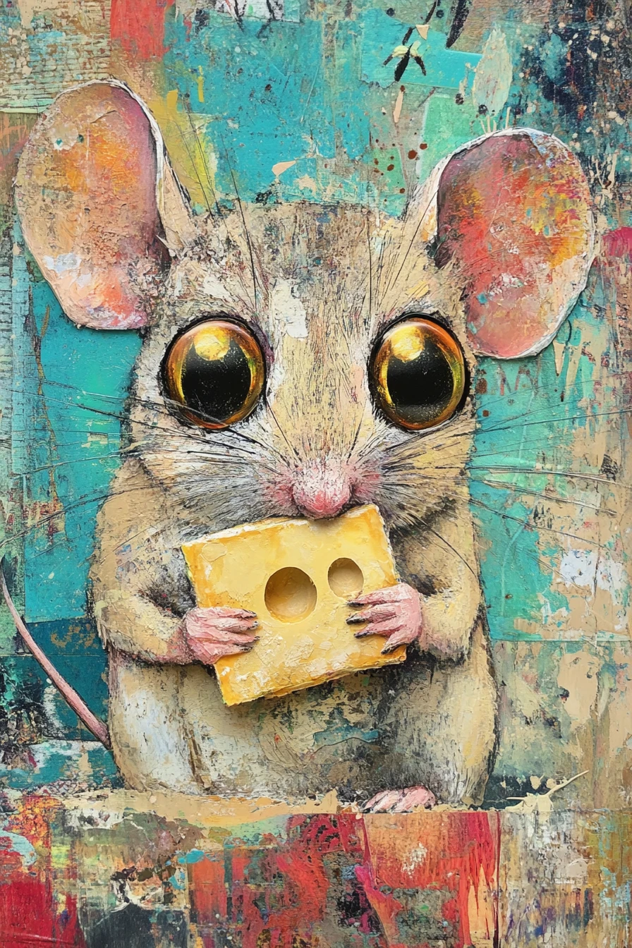 Topo mixed media con occhi dorati che mangia formaggio
