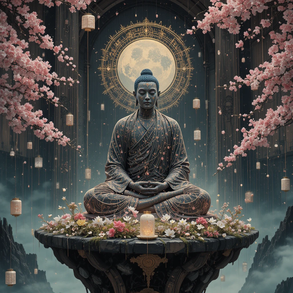 Monge budista meditando em ilha flutuante em estilo ukiyo-e