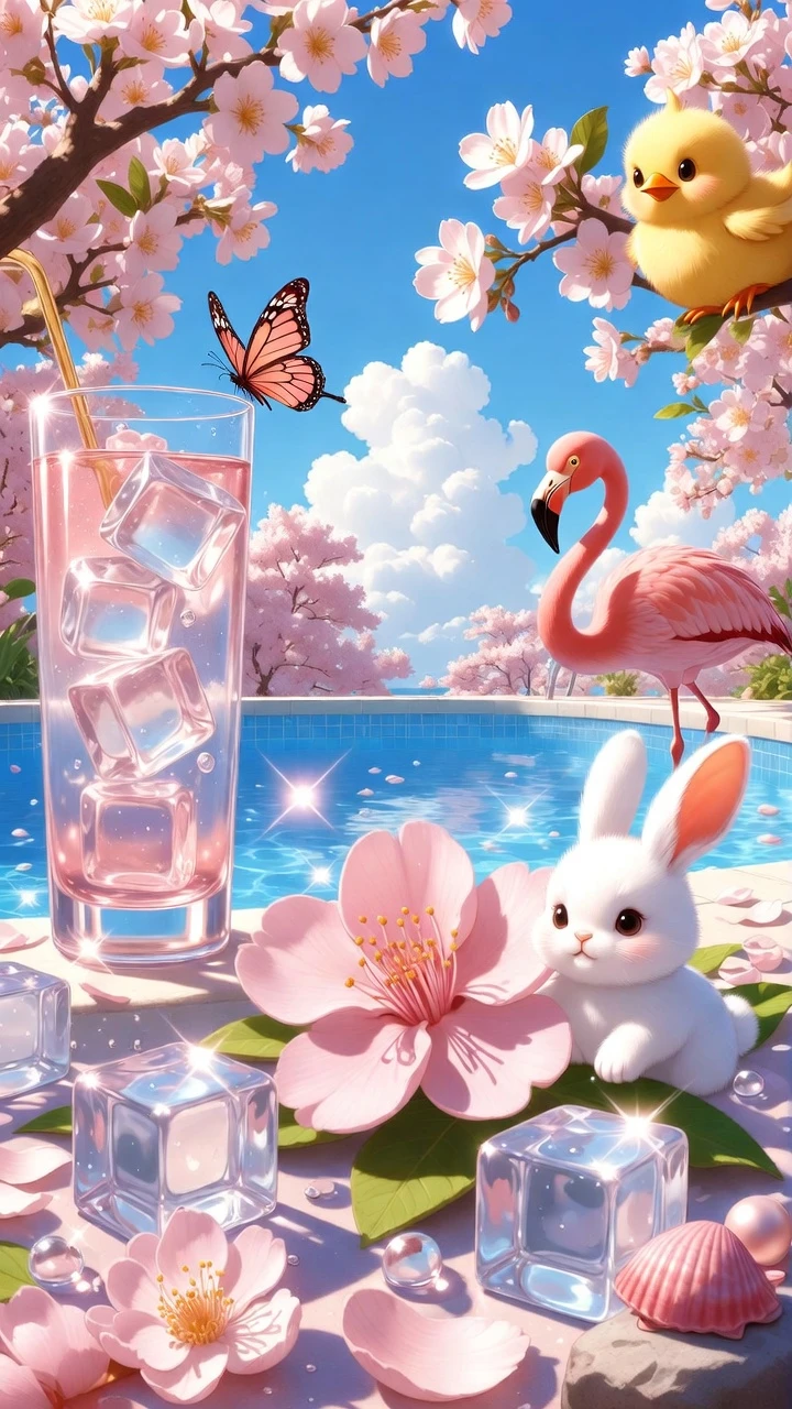 Scena estiva giocosa con fiori di ciliegio e piscina soleggiata
