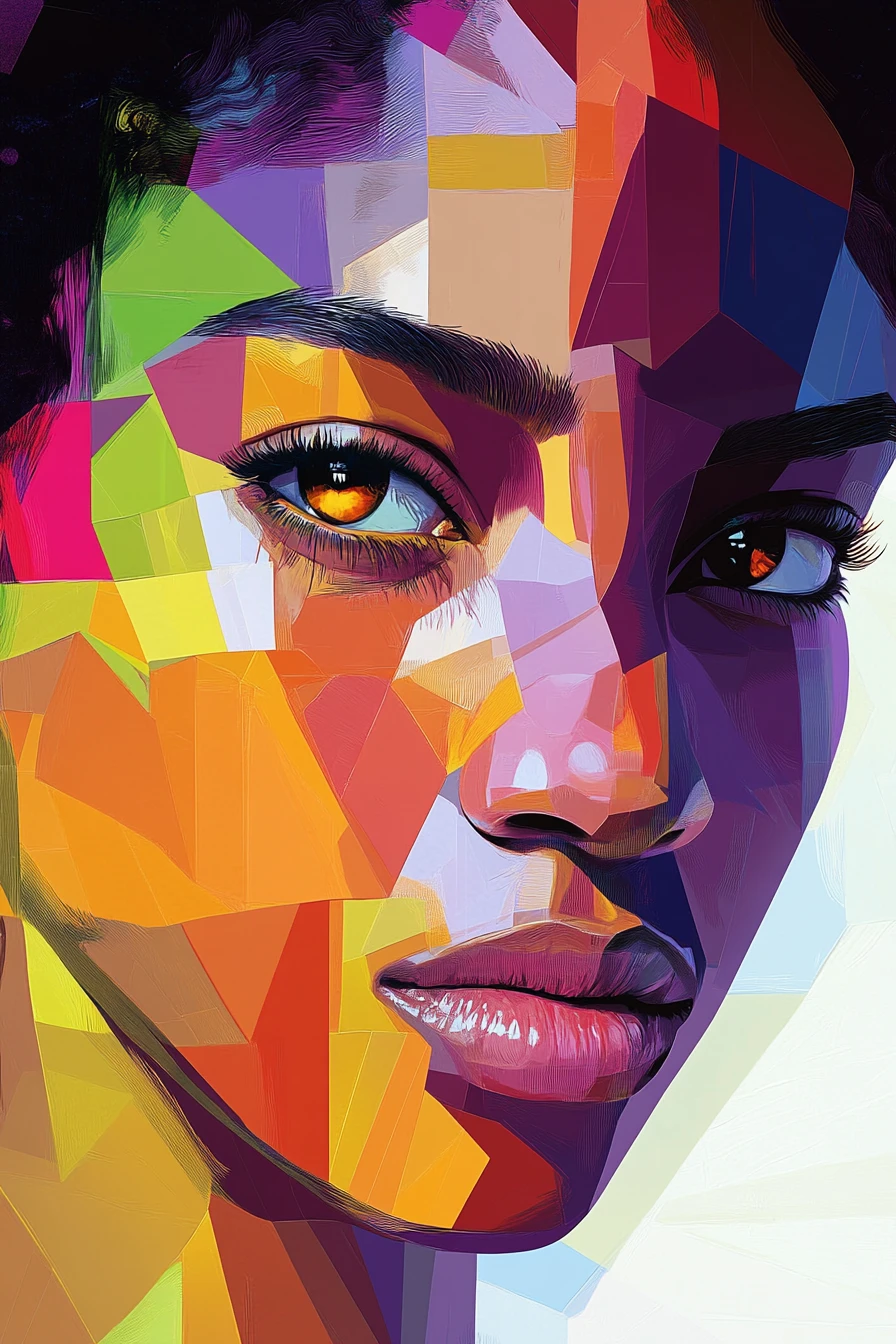 Retrato en bloques de color de una mujer con intensos ojos ámbar