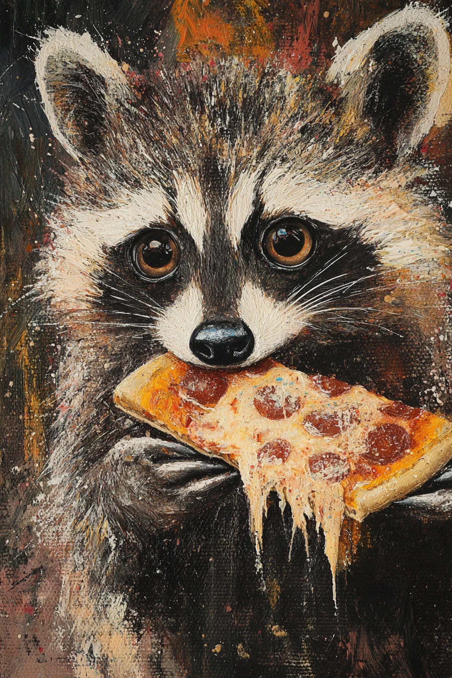 Guaxinim em mídia mista comendo uma fatia de pizza em estilo abstrato