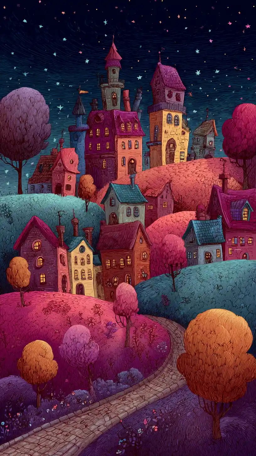Whimsical Night Village On Rolling Hills Illustration