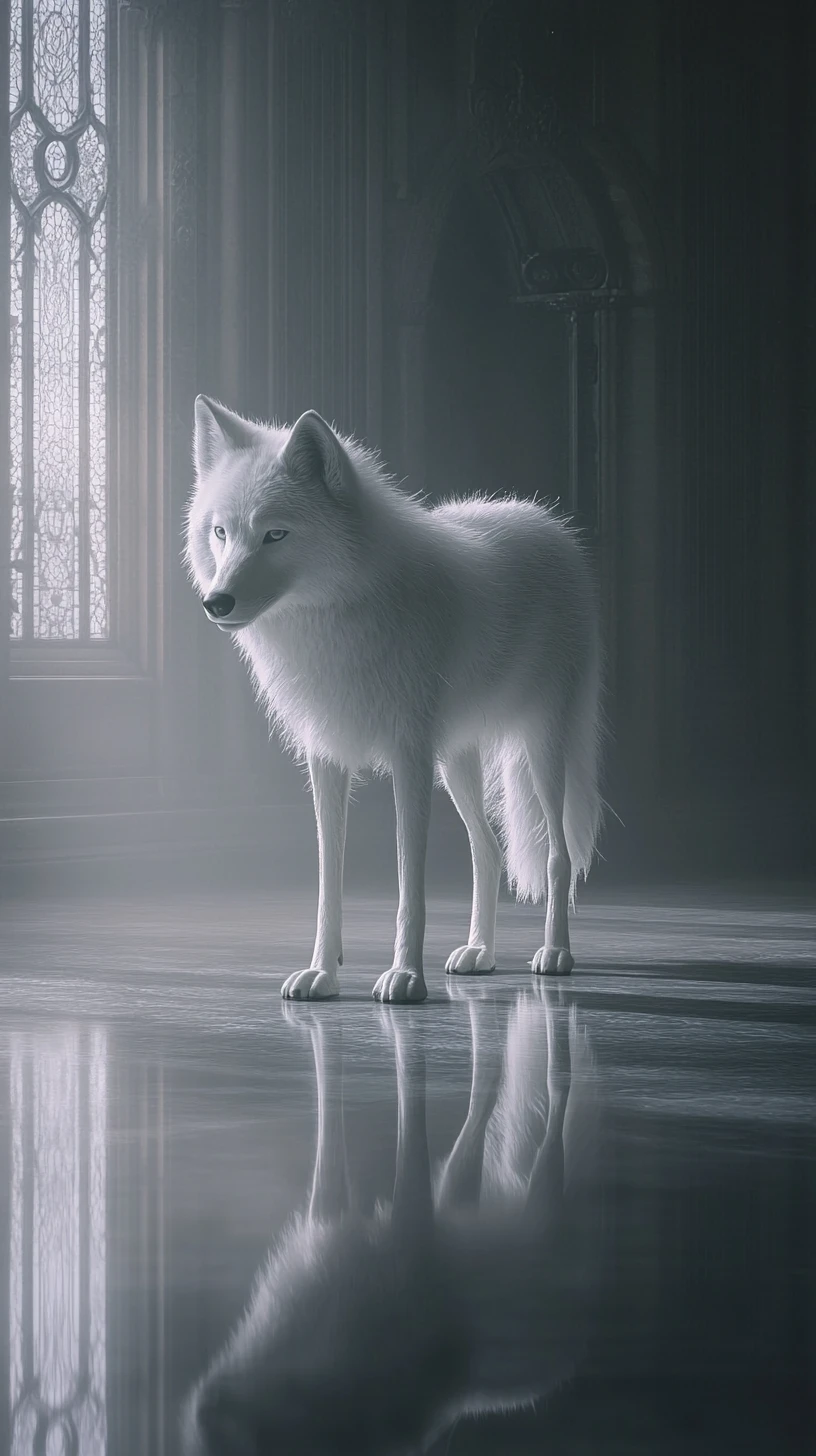 Elegant glowing wolf posing in a minimalist interior
