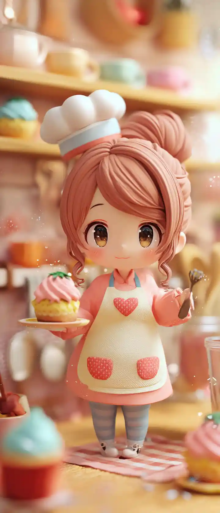 Cute anime chef girl in a tiny fantasy teacup kitchen