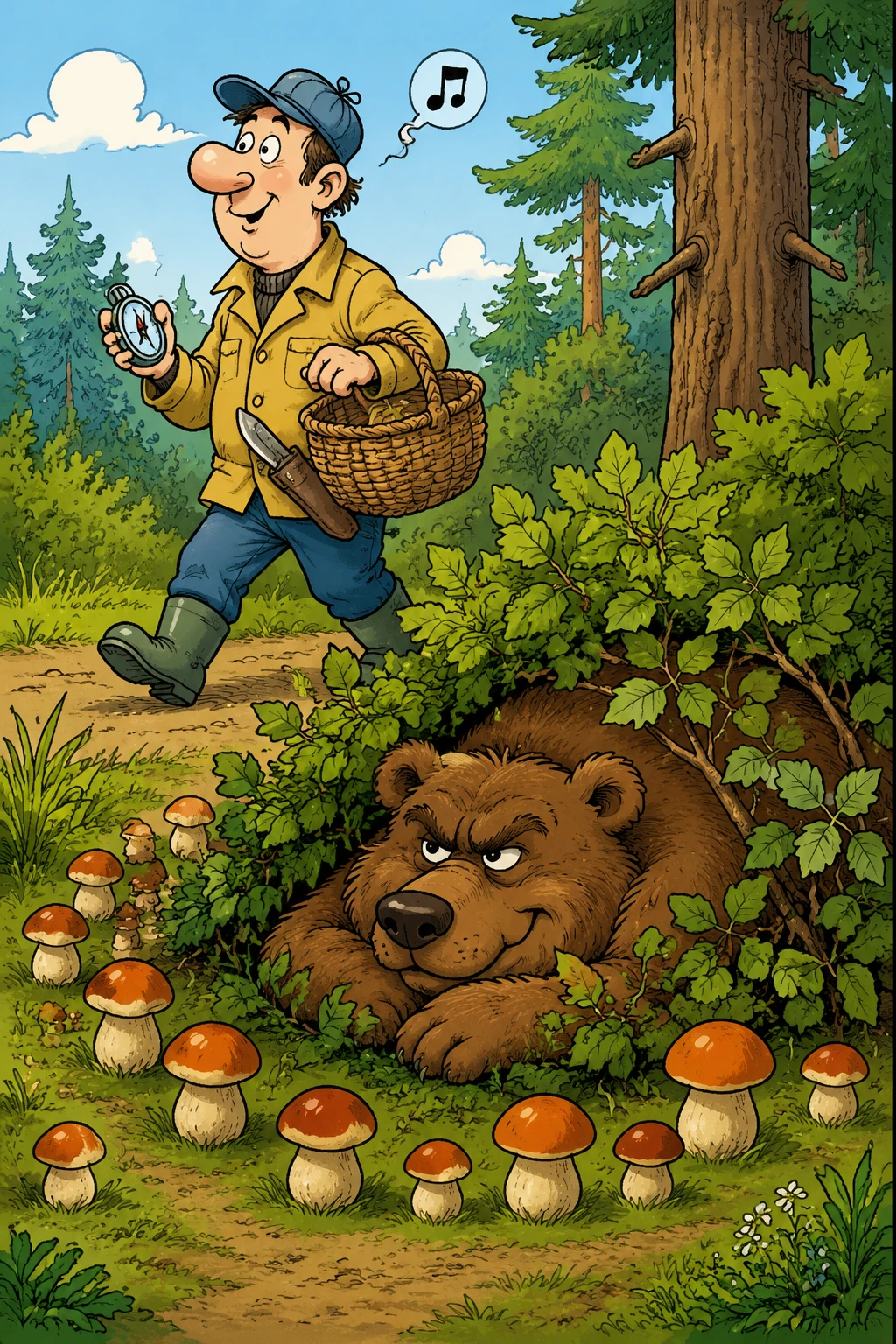 Verspielte Comic-Illustration eines Bären, der im Wald wartet