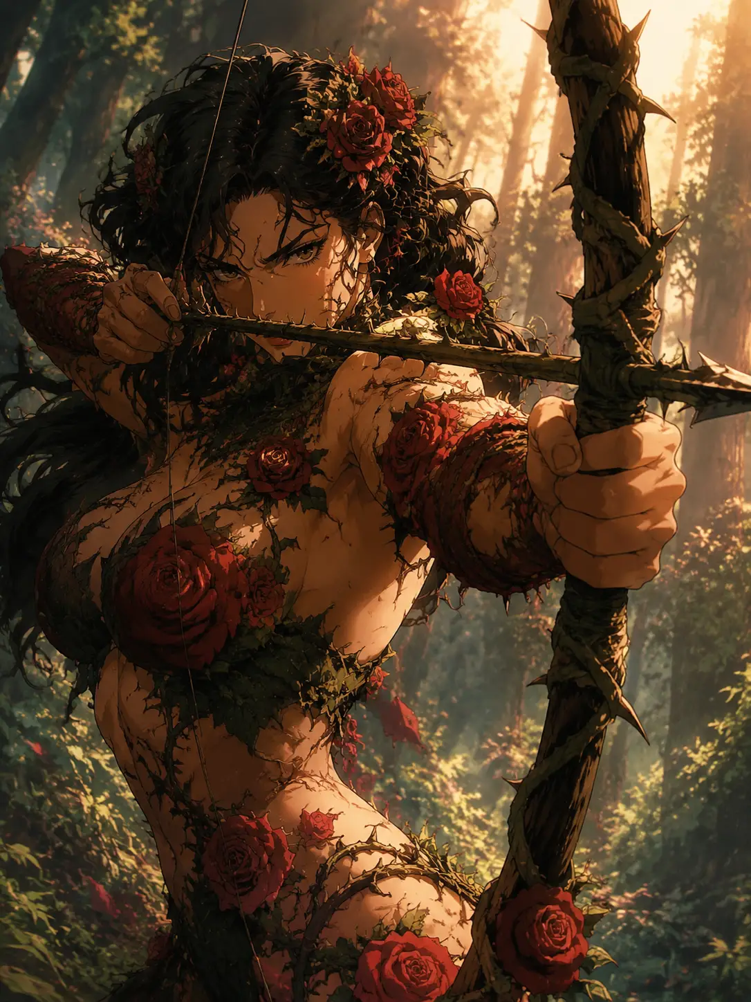 日光灑落森林中的荊棘弓奇幻女獵人