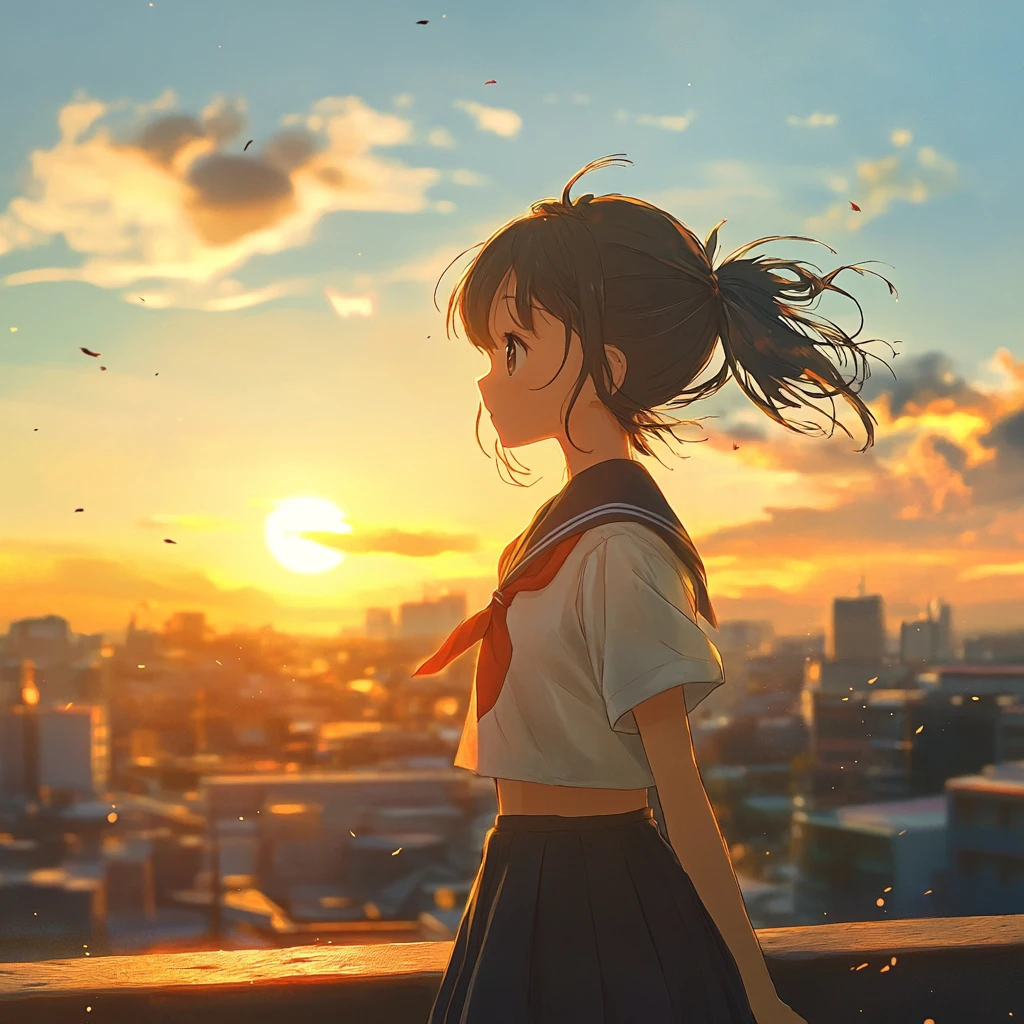 Lycéenne d’anime sur un toit de ville au coucher de soleil d’été