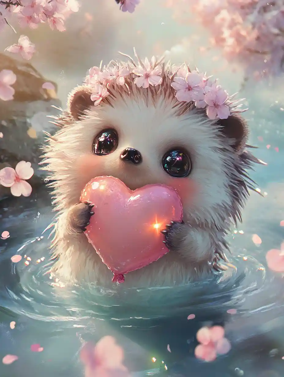 Adorable Baby Hedgehog Hugging A Heart Balloon In Watercolor