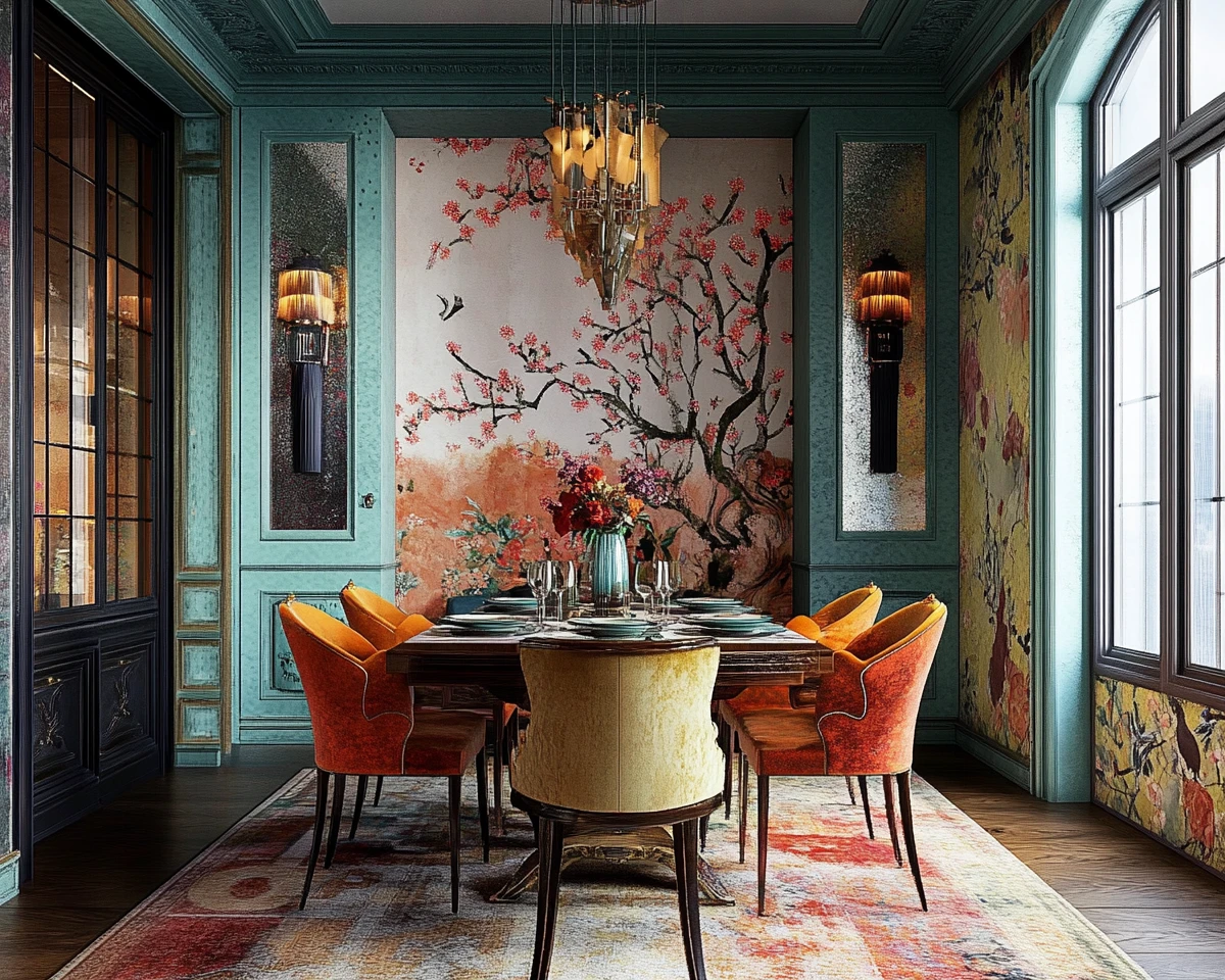 Colorful chinoiserie dining room with artistic decor