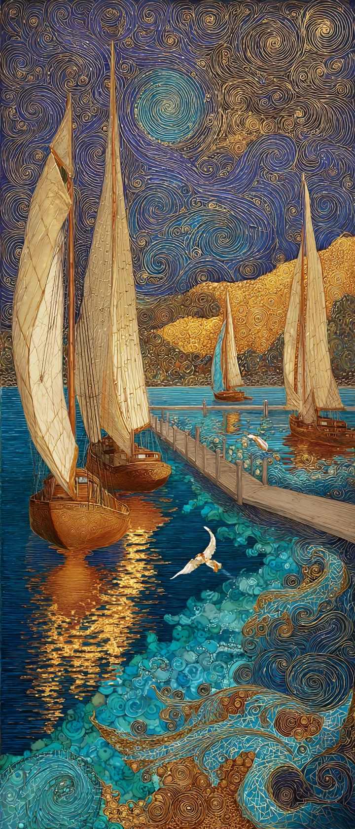 Surreal Harbor Painting With Gilded Sea And Stormy Sky
