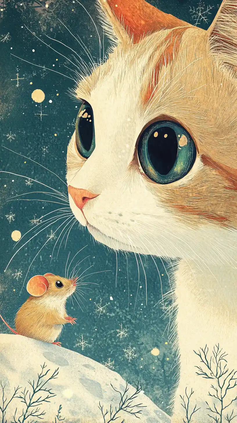 Cute cat and tiny mouse in a magical fairytale close up