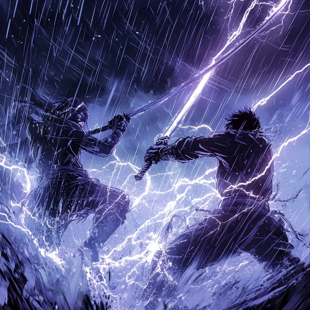 Dois guerreiros de anime cruzam espadas em uma batalha tempestuosa com relâmpagos