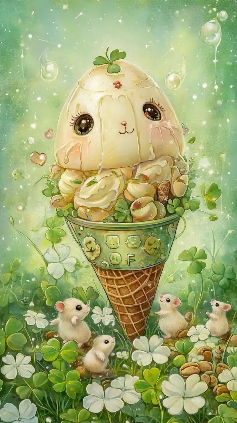 Cute coffee machine in a clover meadow with mice