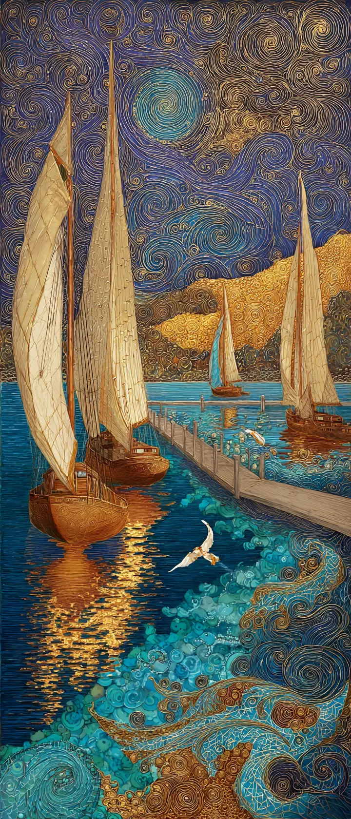 Surrealistisches Hafenbild mit vergoldetem Meer und stürmischem Himmel