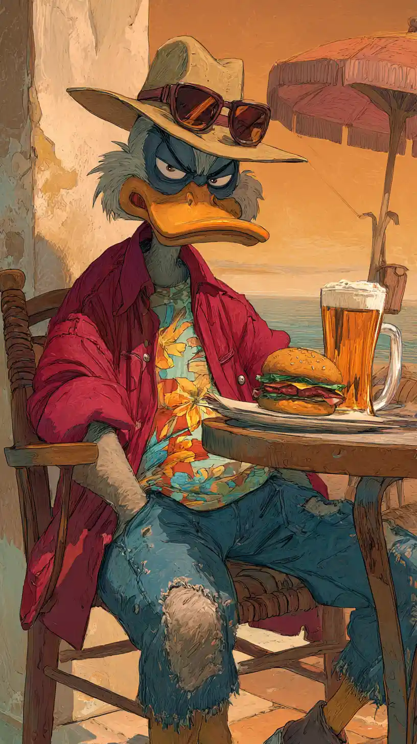 Grumpy cartoon duck relaxing at a beach cafe table