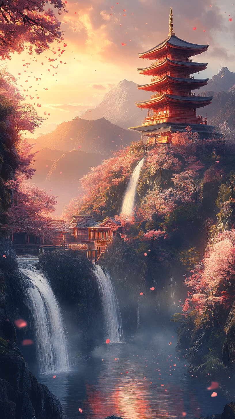 Pagoda y casa de té japonesas junto a cascadas de montaña