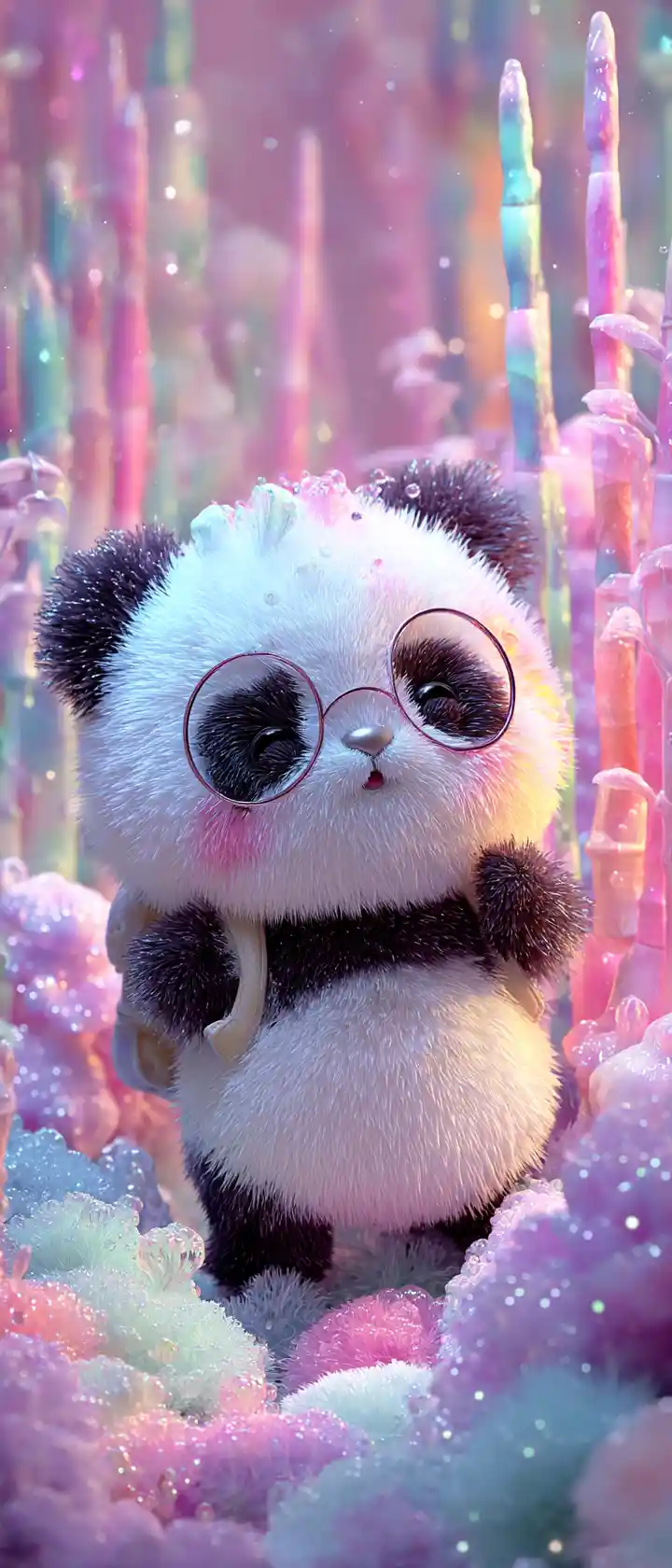 Cute anime panda spirit munching glowing bamboo bridges
