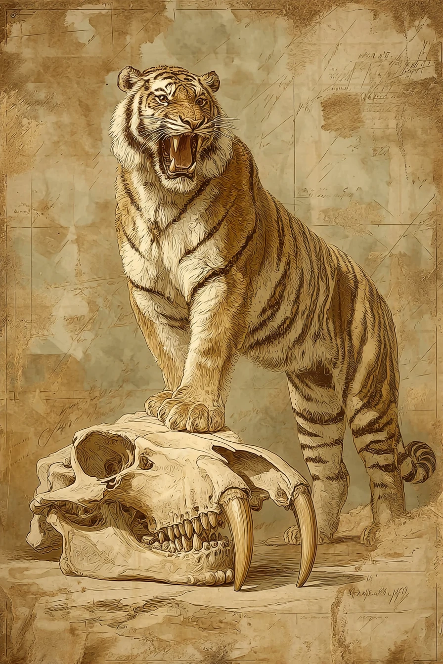 Tigre Rugissant au-dessus d’un Ancien Crâne à Dents de Sabre Illustration
