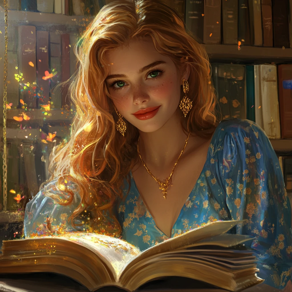 Donna bionda che legge in una romantica scena di biblioteca