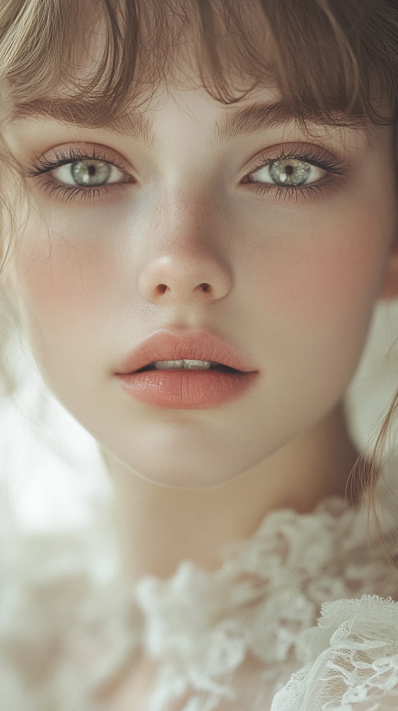 Retrato romântico em close de uma mulher com aparência de boneca