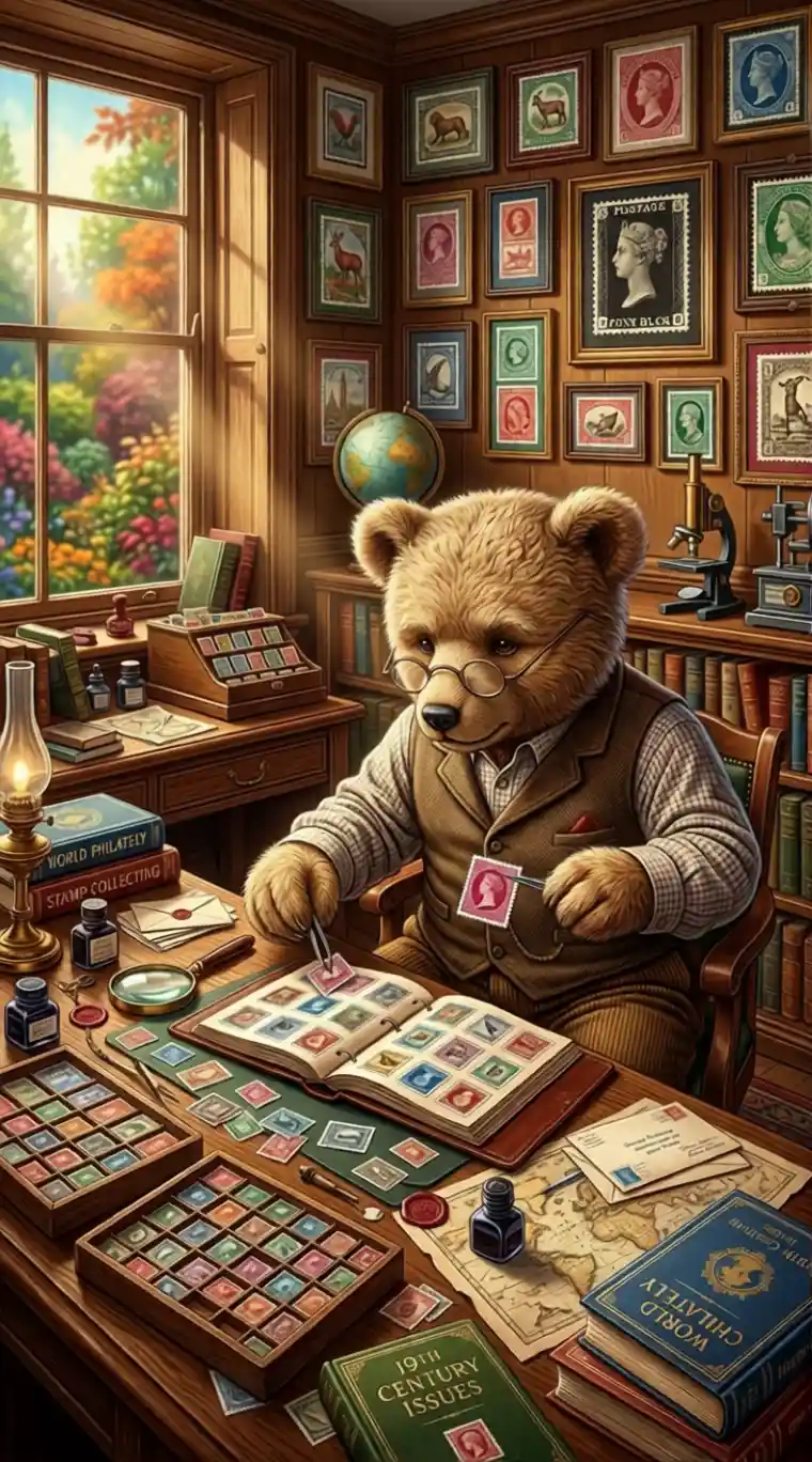 Teddy bear professor arranging colorful stamps in a study