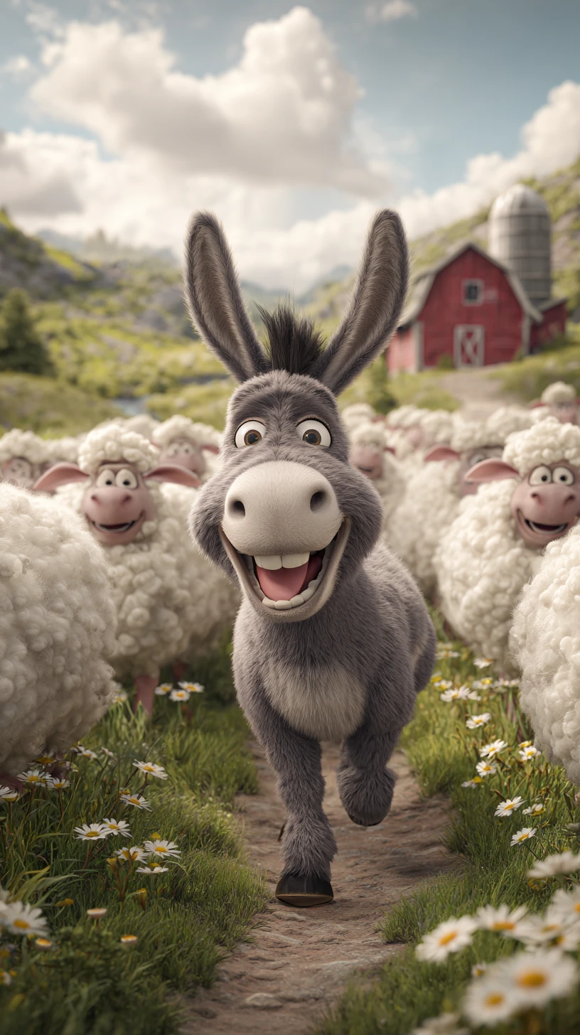 Burro sorridente guiando ovelhas felizes por um caminho verde na fazenda