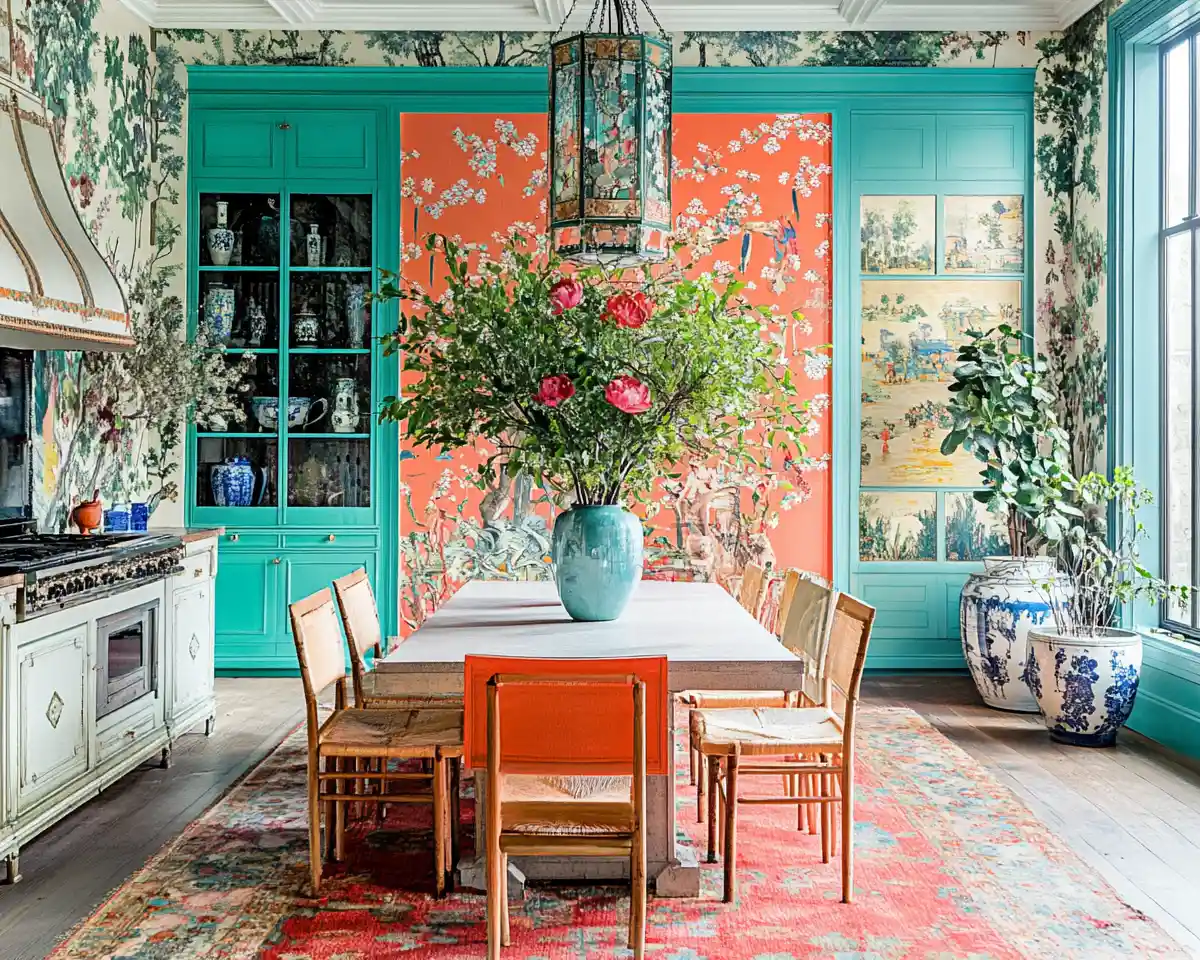 Colorful chinoiserie dining room interior with artistic decor