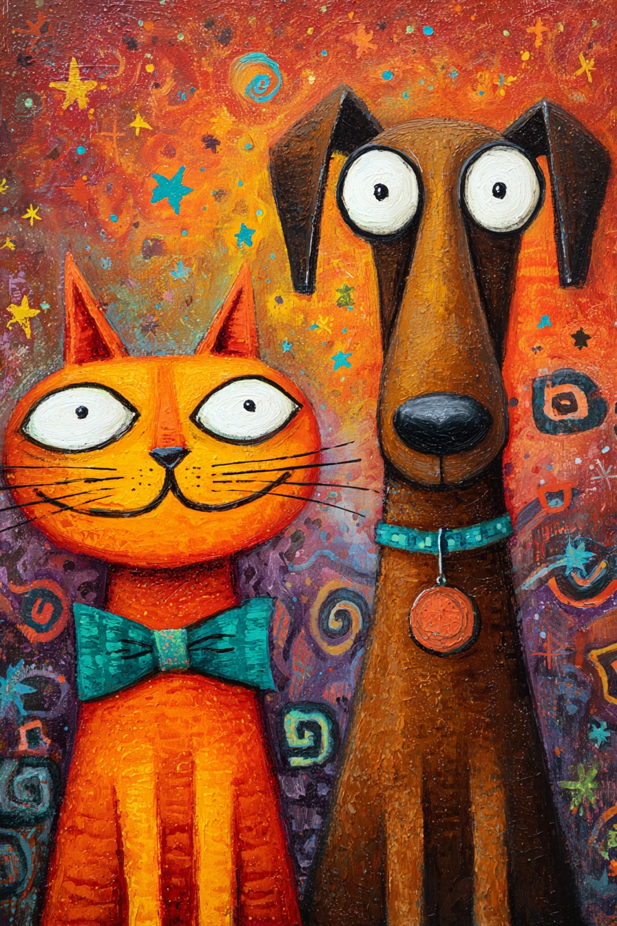 Gato e cachorro laranja fantasiosos em uma cena estrelada de fantasia