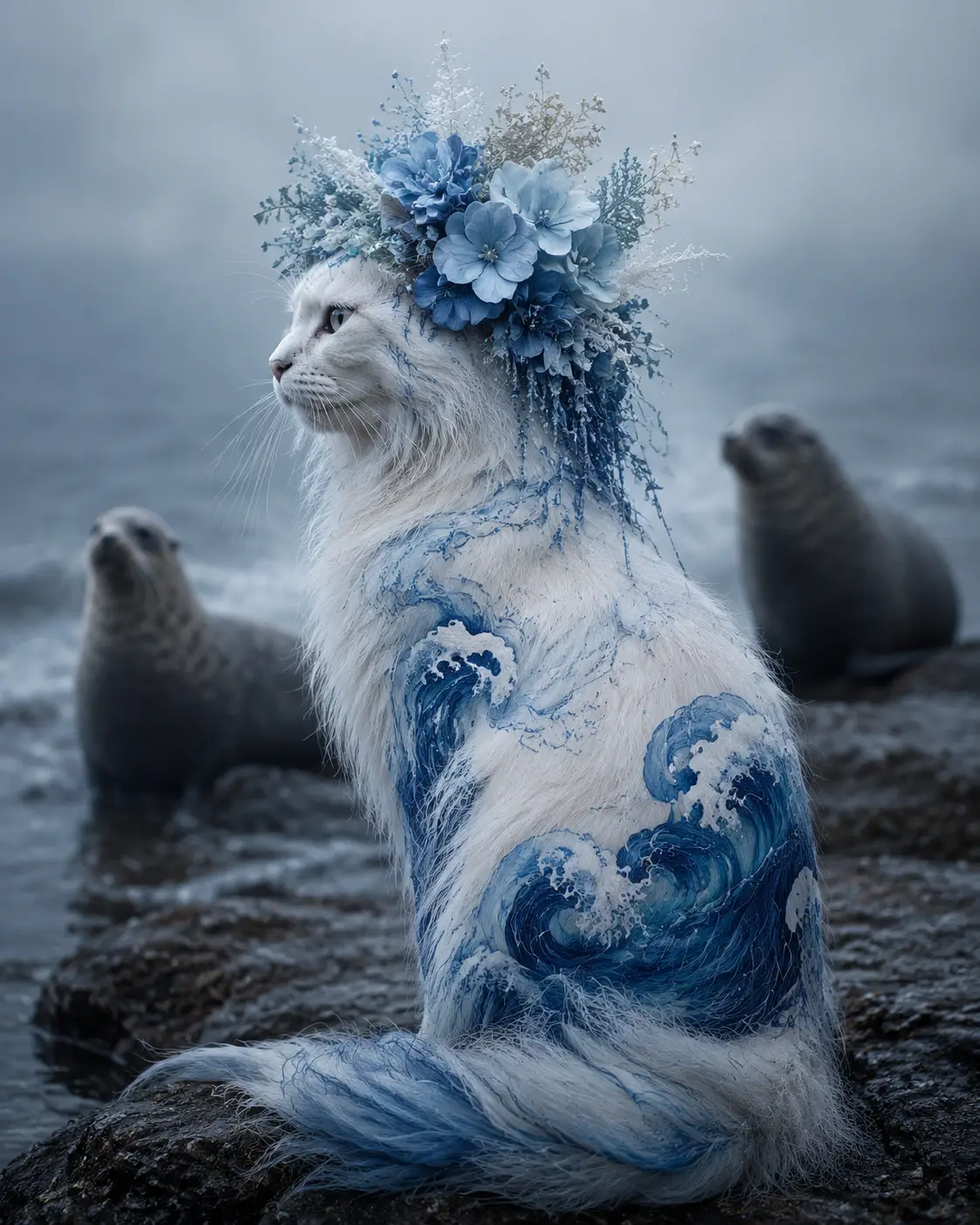 Ethereal white cat crowned with blue ocean waves