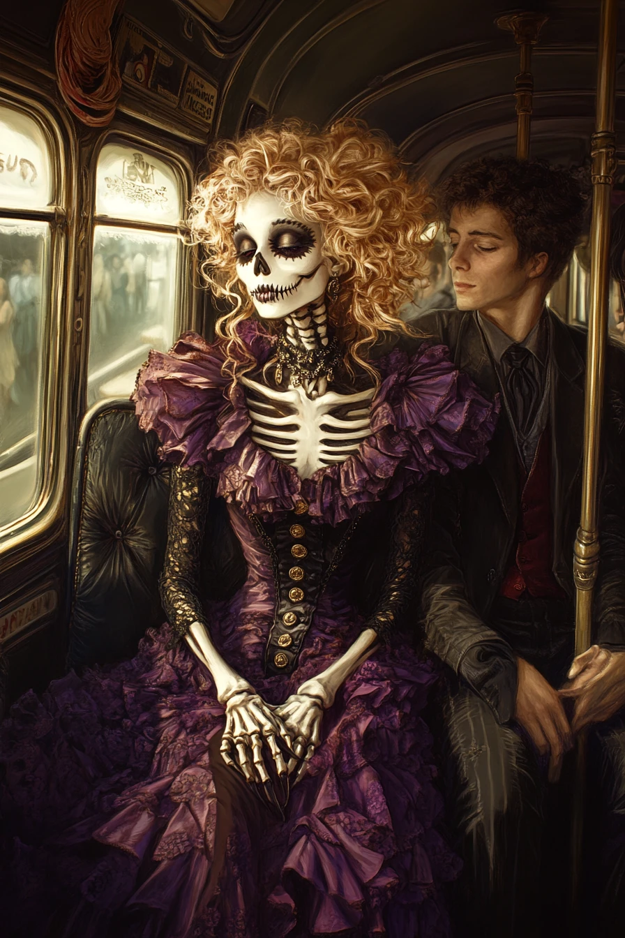 Garota Esqueleto Assustadora de Vestido Violeta em Ônibus Gótico