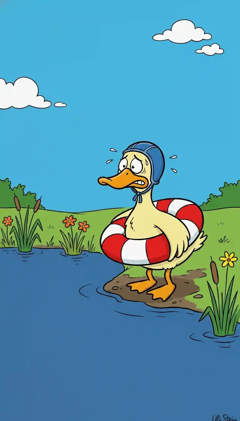 Anxious cartoon duck by a pond with flowers