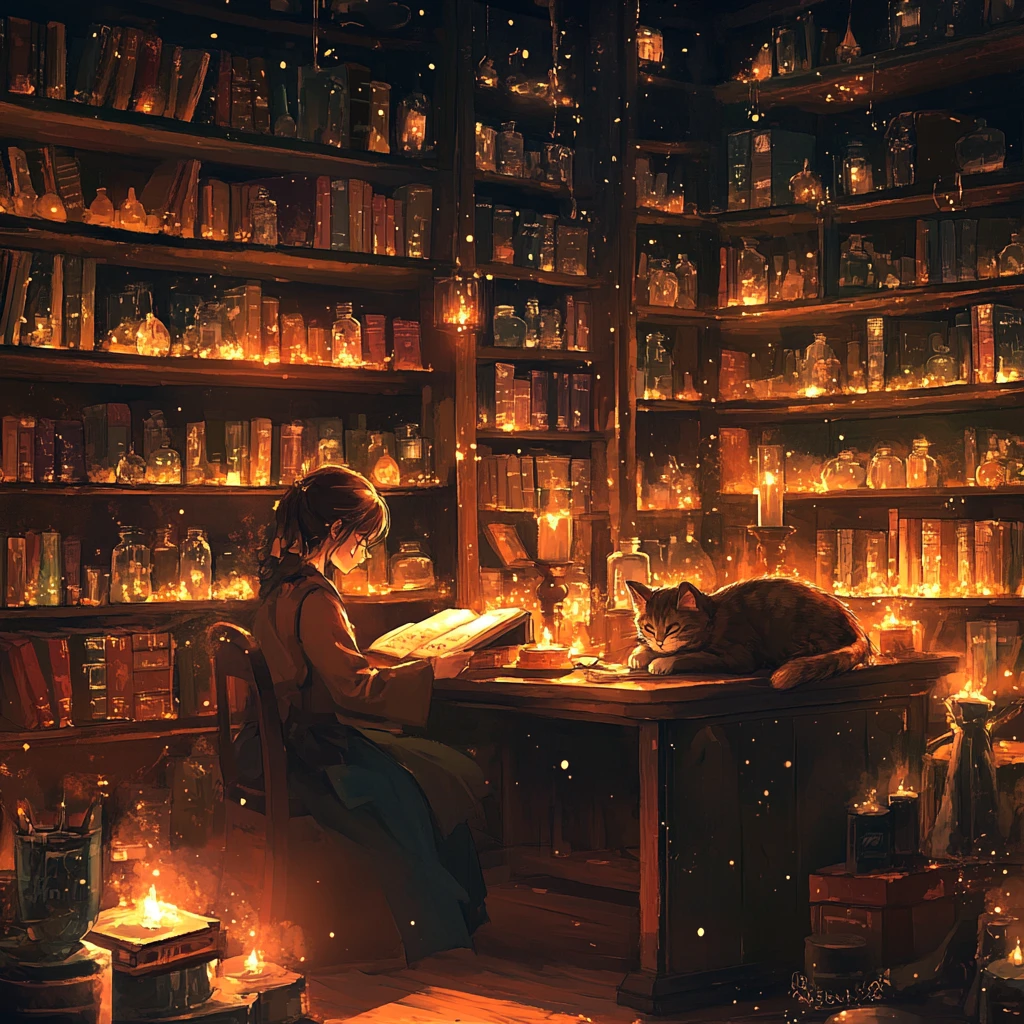 居心地の良いアニメ風の魔法店で本を読む若い魔女