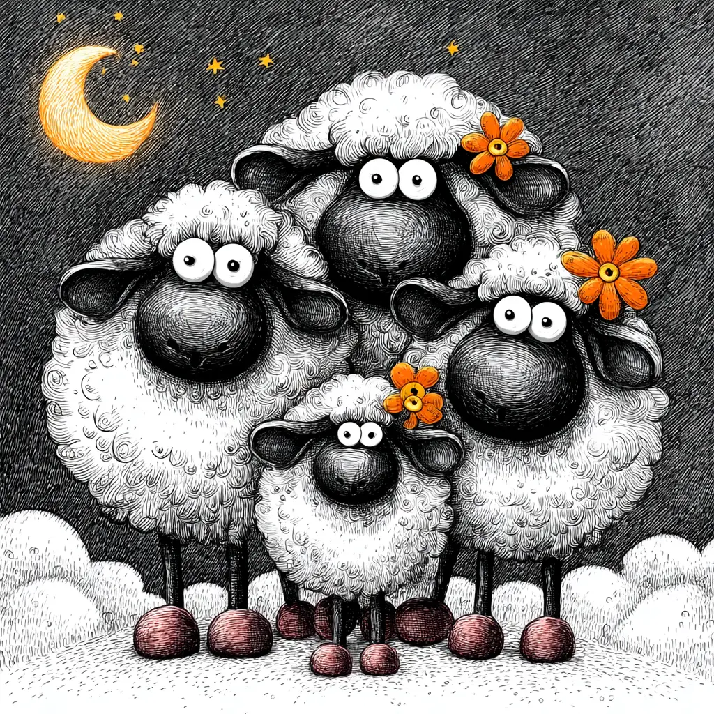 Oveja caricaturesca adorable bajo un cielo nocturno estrellado