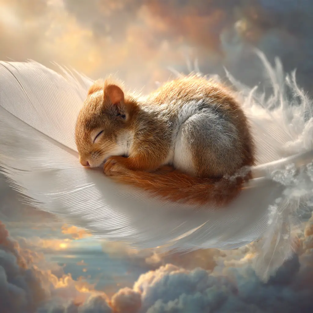 Tiny sleeping squirrel on a white feather in the sky