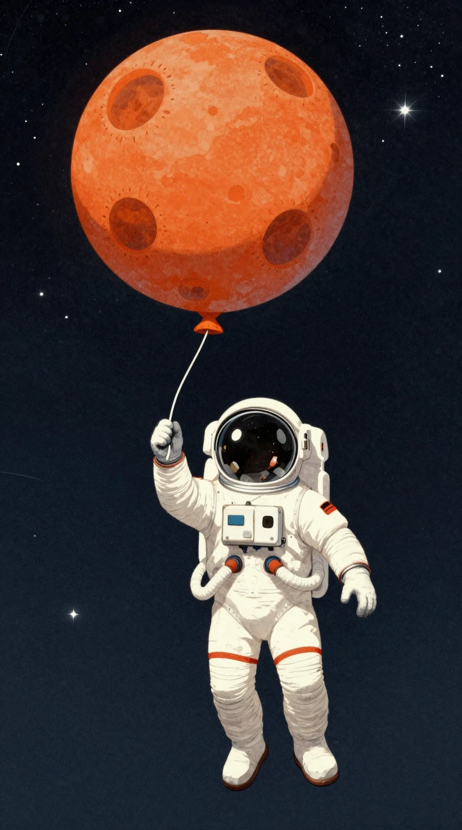 Astronaut schwebt mit orangefarbenem Planetenballon im All