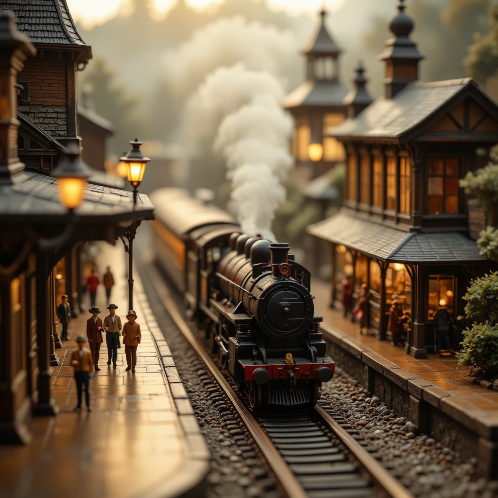 Miniatur-Oldtimerzug fährt in nebligen Modellbahnhof ein