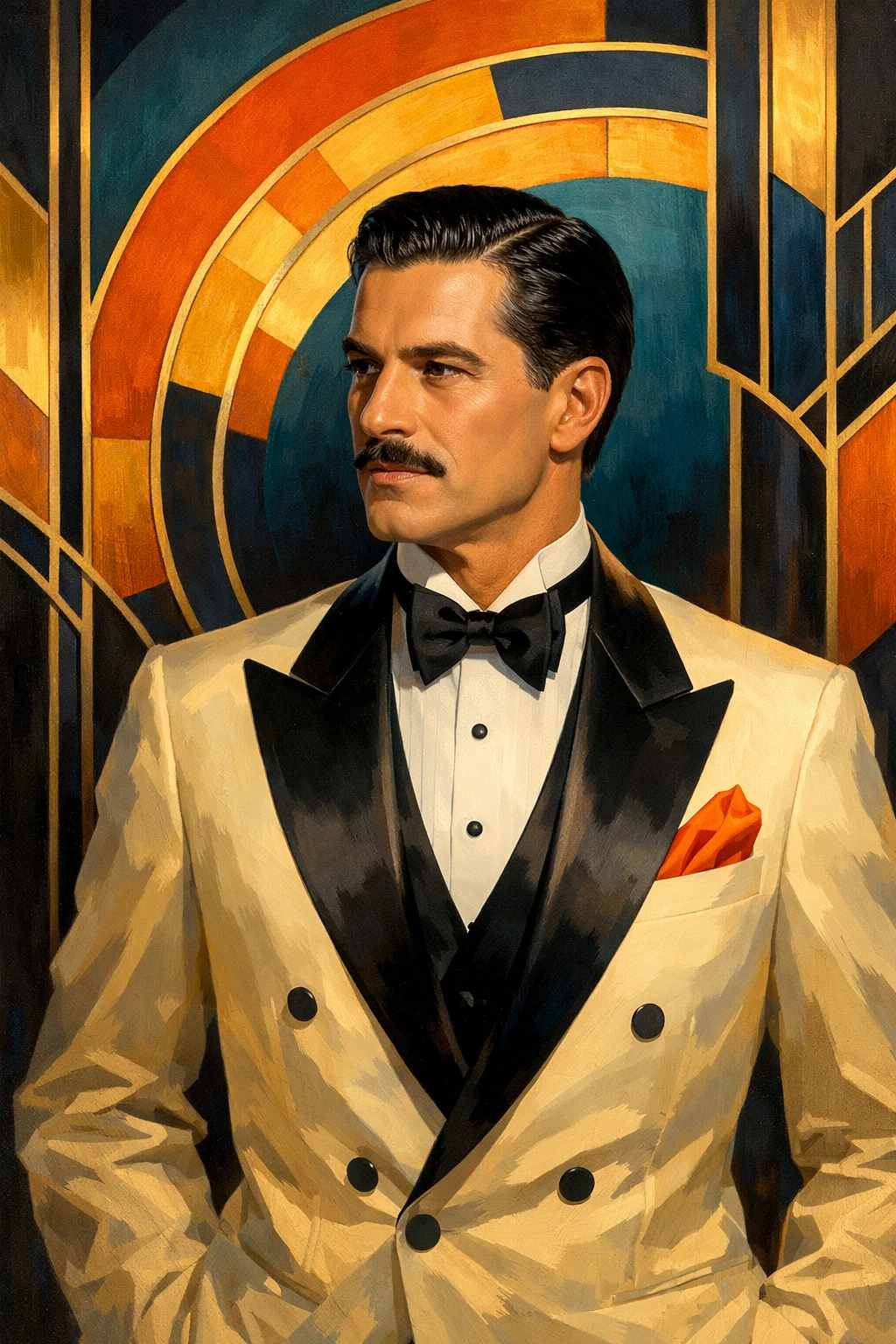 Hombre elegante con esmoquin frente a fondo abstracto art déco