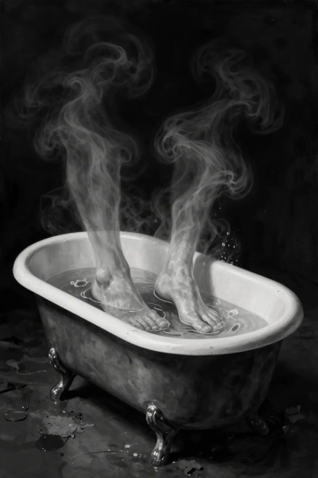 Ghostly feet in claw foot bathtub with rising steam