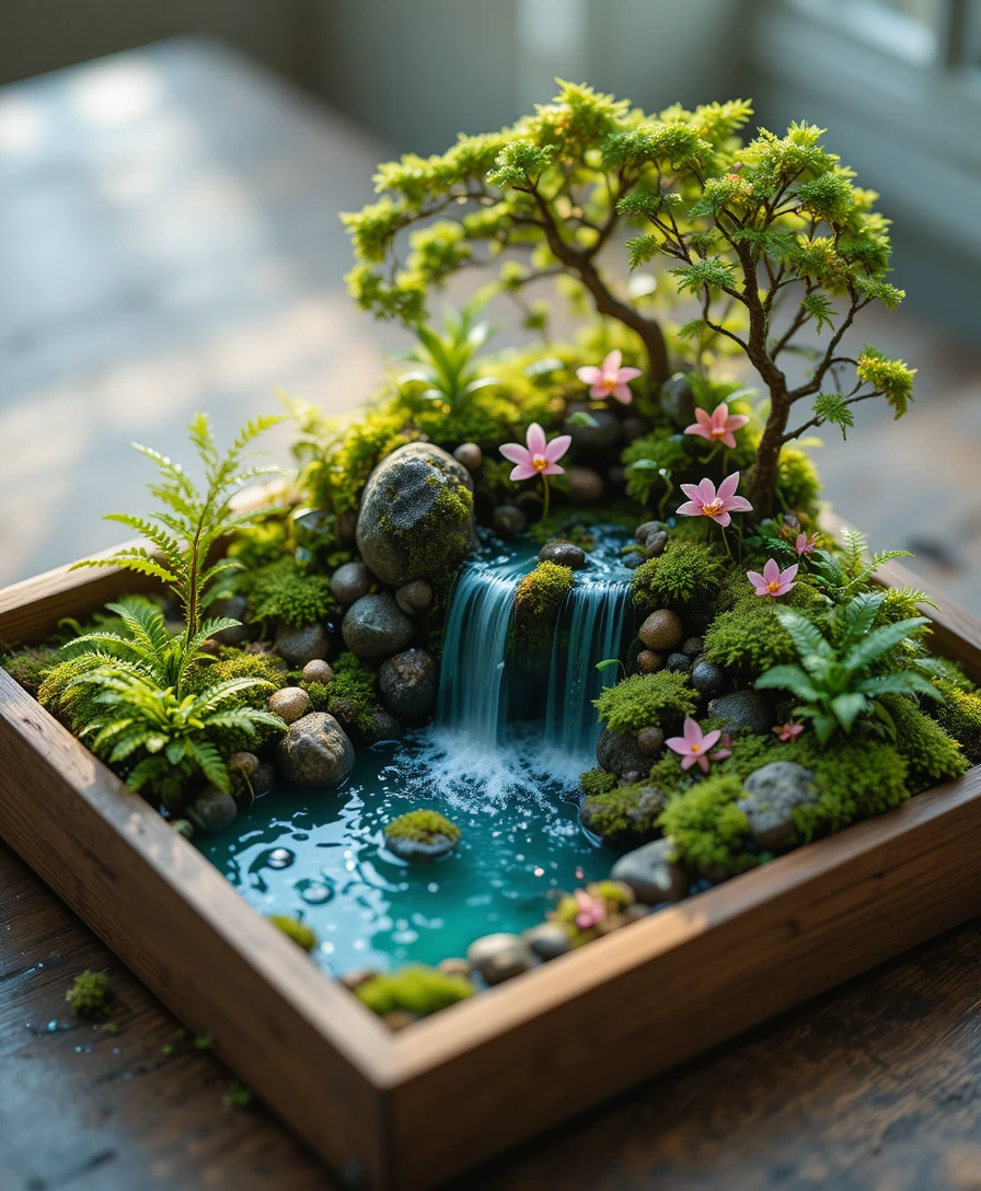 Diorama miniature de cascade tropicale dans une boîte en bois