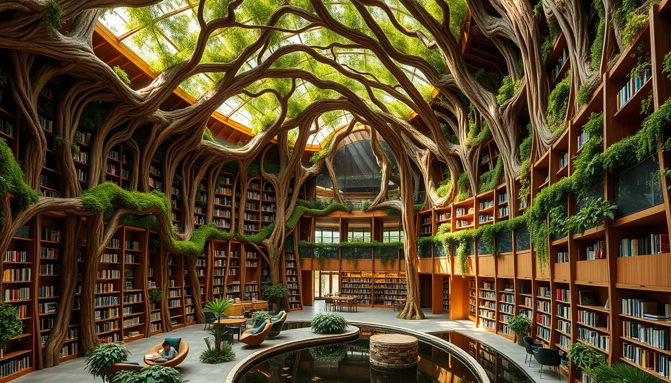 Biblioteca biofílica com estantes orgânicas de madeira e claraboia
