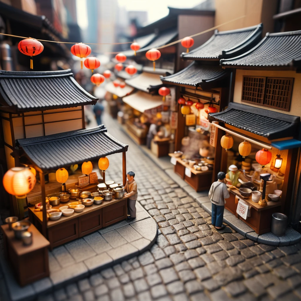 Strada di mercato giapponese in miniatura con bancarelle di ramen e pesce