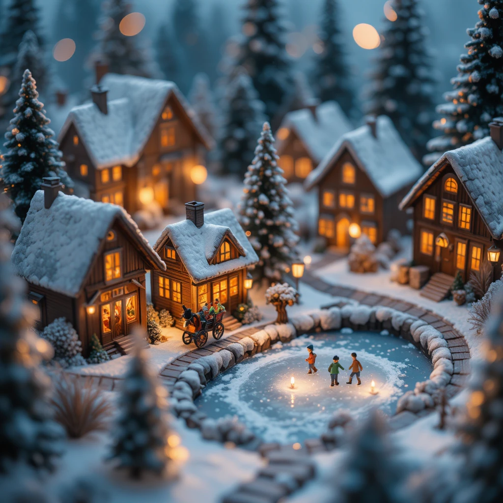 Village de Noël miniature dans la neige avec cabanes au chaleureux éclat