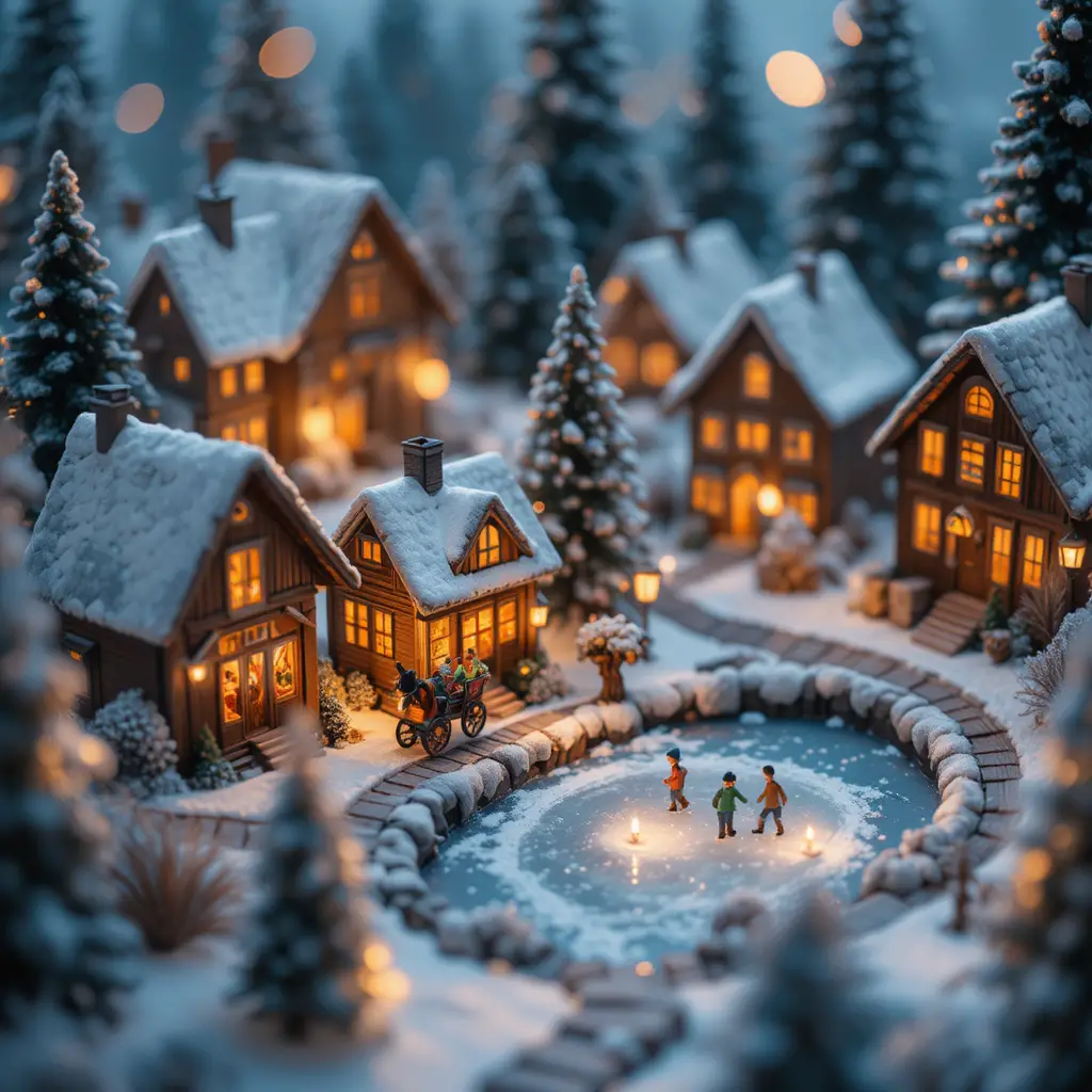 Villaggio di Natale in miniatura nella neve con casette dal caldo bagliore