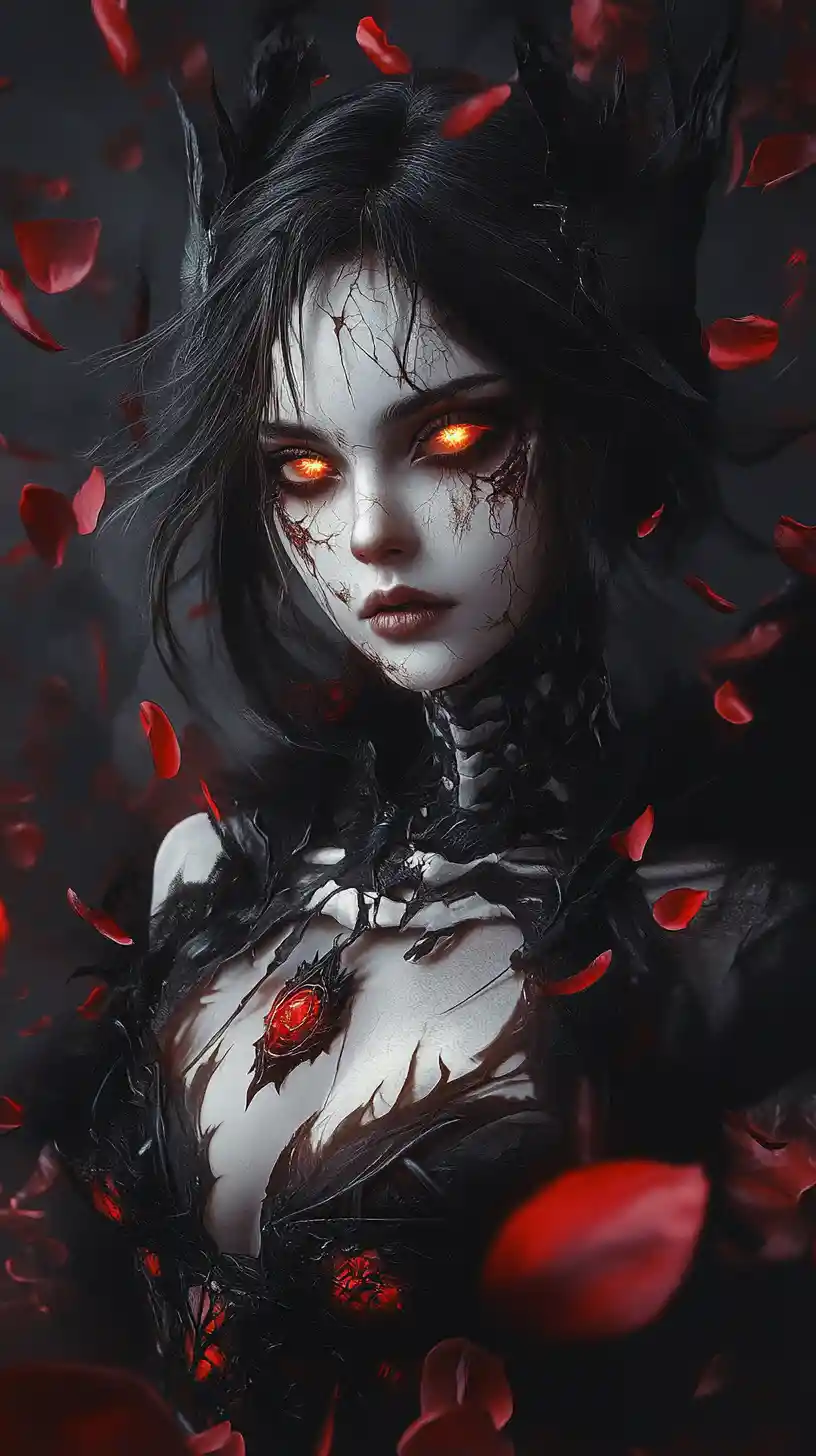 Gothic revenant girl with cracked porcelain skin and petals