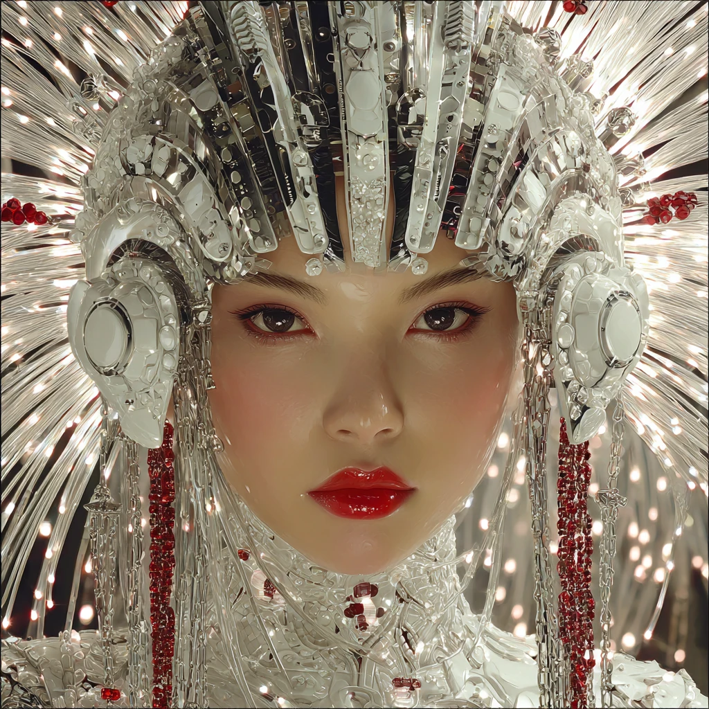 Retrato fotorrealista de uma mulher gueixa cibernética futurista