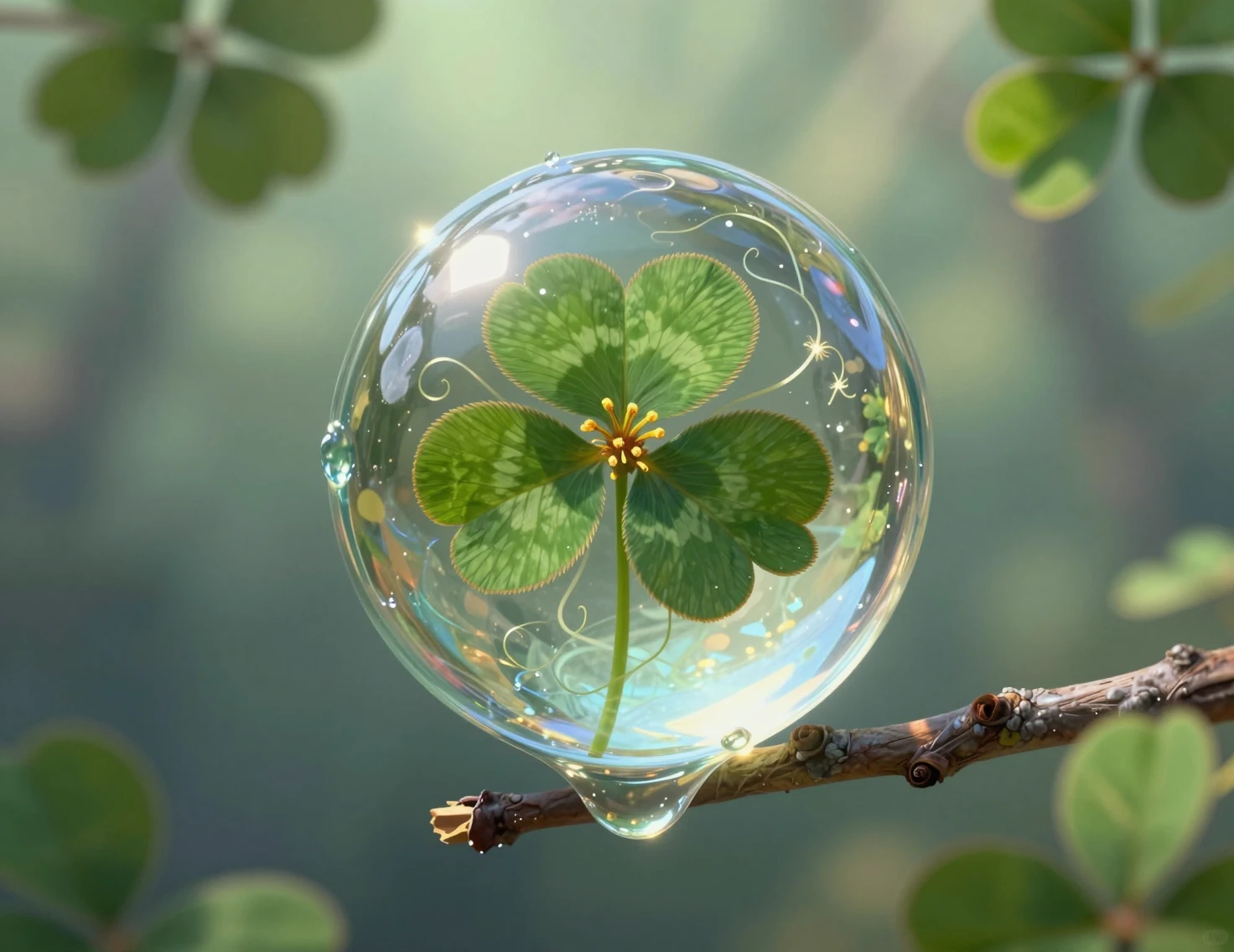 Goutte d’eau surréaliste tenant un trèfle dans la lumière de la forêt