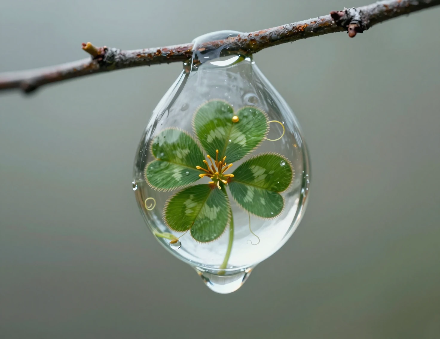 Gota de agua con un diminuto trébol de cuatro hojas