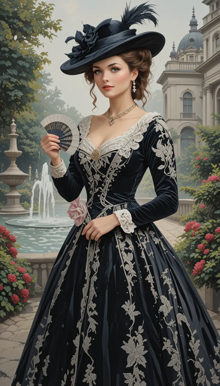 Elegant woman in black velvet gown by garden fountain