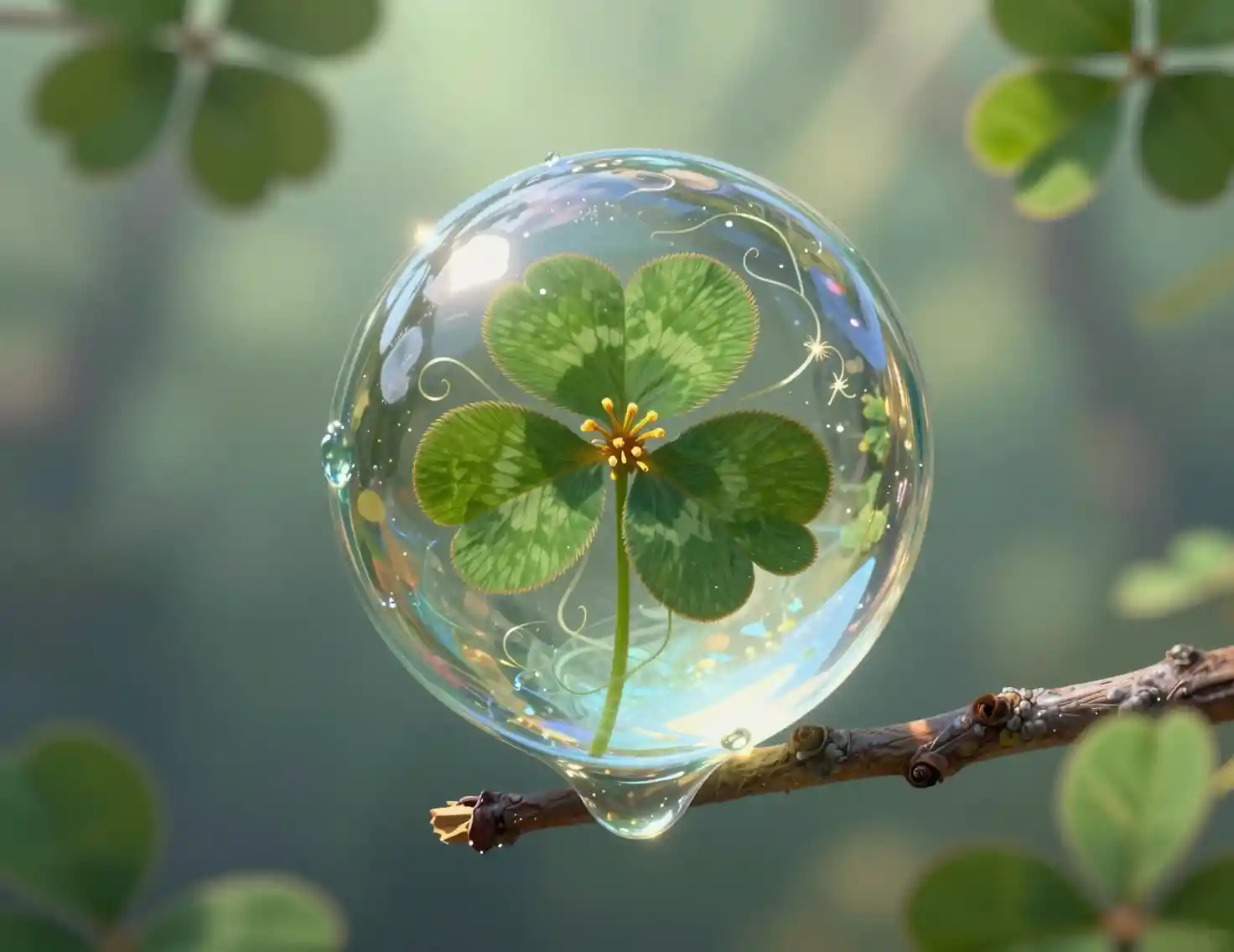 森林光線中托著幸運草的超現實水滴