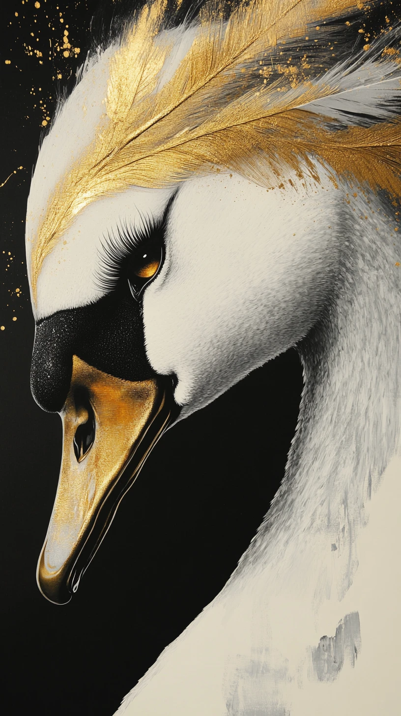 Profil de cygne métallique surréaliste aux plumes dorées fluides